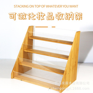 Wooden Shelf Acrylic Display Rack 3 Tier Desktop Card Organizer Natural Wood Color Lightweight <b>Storage</b> Rack - Product Image 4