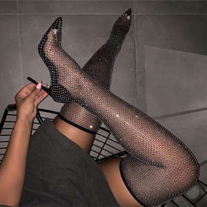 Sexy Women Botas Bottes Over the Knee Thigh High Pointed Toe Pumps Heels Shoes Female Crystal <b>Fishnet</b> Mesh Nightclub Boots - Product Image 1