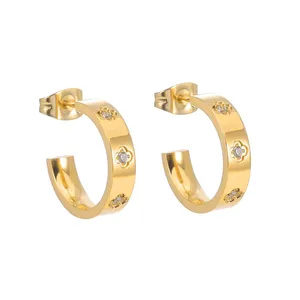 XIXI Luxury PVD 18K Gold Charm Plated Stainless Steel Plum Blossom Zircon Open Women Hypoallergenic Fashion Jewelry Earrings