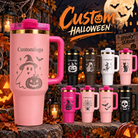 Gobelet isotherme personnalisé de 40 oz en acier inoxydable à double paroi avec bord doré, couvercle à paille réutilisable et poignée, motif d'horreur pour Halloween
