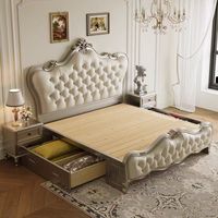 1,8m Französischer Stil Polsterbett, Queen-Size Holzbettgestell mit Gepolstertem Kopfteil, Luxuriöse Schlafzimmermöbel