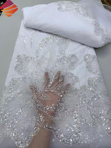 Kostenloser Versand Tüll-Spitzenstoff Luxuriöse Stickerei Perlen Samt-Spitzenstoff Schwer Perlenbesetzter Spitzenstoff für Hochzeitskleider - Product Image 3
