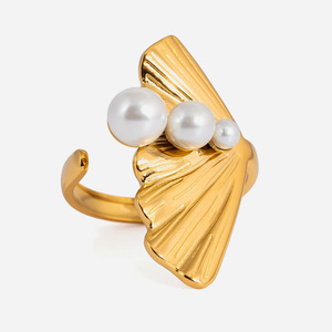 Ginkgo Leaf <b>Open</b> Pearl <b>Ring</b> AAA Grade Bezel Setting Everyday Wear - Product Image 1