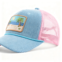 Groothandel op maat gemaakte sportieve dobby corduroy kinder 5-panel 2-kleurige blauw-roze zomer strand geborduurde mesh trucker pet