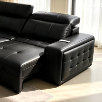 Canapé-lit électrique 3 places en cuir véritable noir avec structure métallique, mobilier de salon moderne de luxe capitonné