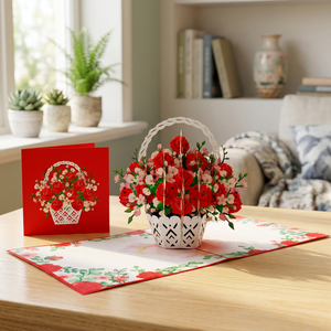 Carte de vœux 3D pop-up en forme de lune, panier de fleurs personnalisé, roses rouges, fleurs roses, Saint-Valentin, fête des mères, anniversaire - Product Image 4