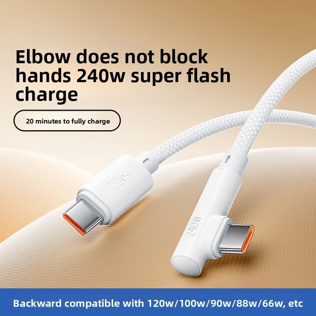 Hot Sale 48V 5A Fast Charging 240W Max Right Angle Nylon Braided White USB-C Pure Copper Cable for iPhone Computer