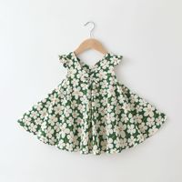 Robe d'été en pur coton pour filles, classe A, avec volants, manches volantées, col en V, nœud, imprimé floral, sans manches, style princesse, pour bébés et tout-petits