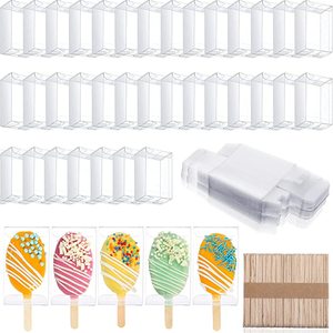 transparent popsicle cake box transparent ice cream candy box transparent pet box with wooden sticks