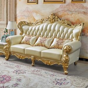 Nuevo Juego de Sofás Europeos de Madera Maciza con Tapicería de Cuero Genuino, Combinación 321, para Sala de Estar, Hotel o Villa - Product Image 3