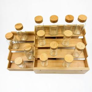 <b>Bamboo</b> Extendable Four Tier Spice Rack With Glass Jars For Kitchen Storage Organization - Product Image 1