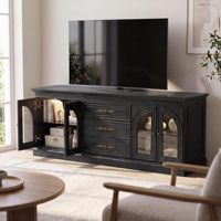 Meuble TV Moderne de Luxe 80 pouces en Bois Noir avec Portes en Verre Cintrées pour Projet Villa Hôtel Fabricant OEM/ODM