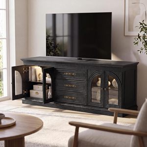 Moderno y Lujoso Soporte para <span class=keywords><strong>TV</strong></span> de 80 Pulgadas, Mueble para <span class=keywords><strong>TV</strong></span> de Madera Negra con Puertas de Vidrio Arqueadas para Proyectos de Hoteles y Villas, Fabricante OEM/ODM - Product Image 5