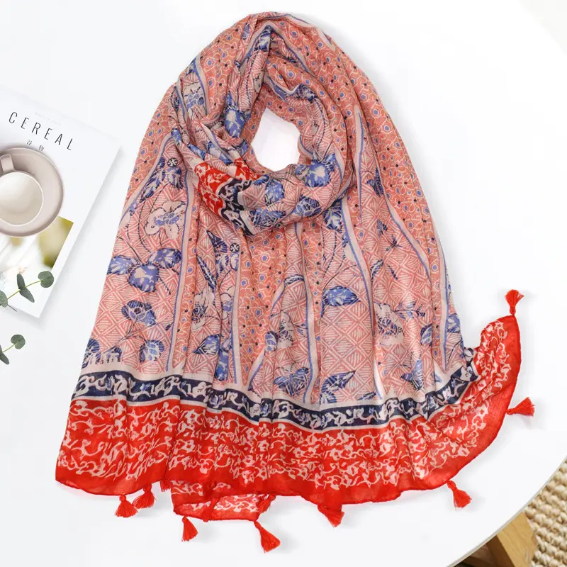 Manufacturer latest high quality printing scarf fashion vintage pattern cotton long women hijab red printed scarf with tassel