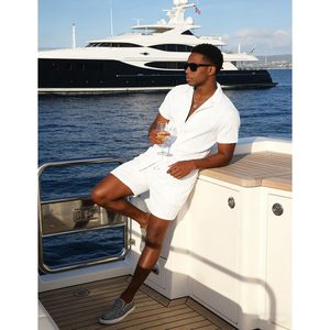 Conjunto de Camisa de Manga Corta y Pantalones Cortos de 2 Piezas para Hombre FOXA, Atuendo Casual de Verano para la Playa, Tejido de Algodón Transpirable - Product Image 3