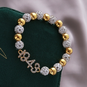 Design élastique Grec Sigma Gamma Rho Chapitre Philo Accent Bijoux Or et Blanc Bling Perlé Sororité Philo 1943 <span class=keywords><strong>Bracelet</strong></span> - Product Image 1