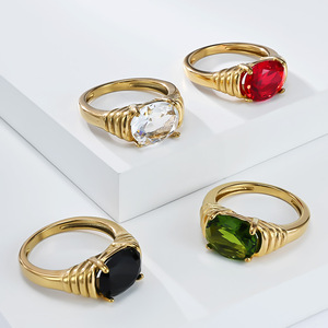 แหวนแฟชั่น ชุบทอง ประดับพลอยรูปไข่ ทรงกรงเล็บ เครื่องประดับสำหรับทุกเพศทุกวัย ของขวัญ สีขาว สีดำ สีแดง สีเขียว เพชร - Product Image 1