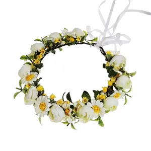 Kadınlar Boho çiçek çiçek taç Camellias papatya çiçek bandı saç Garland düğün Hairband gelin şapkalar Headwear