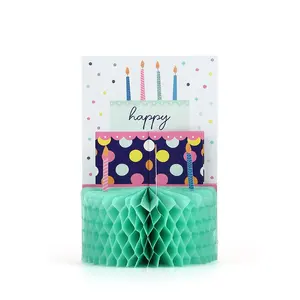Stampa personalizzata divertente torta di compleanno fatta a mano Design a nido d'ape di lusso biglietti di auguri di buon compleanno 3D con buste