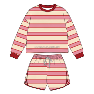 Conjunto de Sudadera para Niñas con Rayas Horizontales, Manga Larga, Cuello Redondo, Pantalones Cortos con Cordón y Diseño Personalizado - Product Image 3