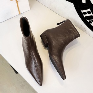 New Style Retro 2026 Pointed Toe Chunky heel 3CM Fashion Zipper Brown Ankle <b>Boots</b> - Product Image 5