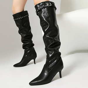 Big Size 46 Women's Pleated Upper Wide Fit <b>Knee</b> <b>High</b> Boots Medium Thin Heels Shoes Top Belt Buckle Long Booties - Product Image 3