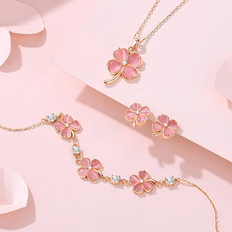 990 Silver four-leaf clover necklace bracelet stud earrings waterproof jewelry sweet opal pink four-leaf clover jewelry sets