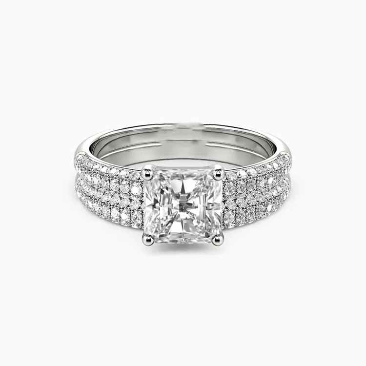 SGARIT Jewelry 3 Row Pave Setting Moissanite Diamond Ring Set 14K White Gold 1CT Asscher Cut Fine Jewellery Wedding Ring Set