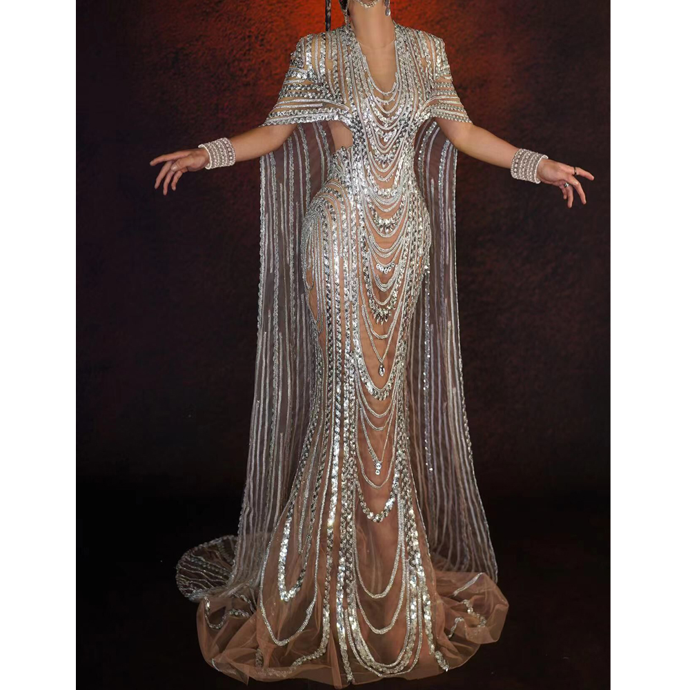 Shining Silver Sequins Long Trains Dress for Performance and Celebration - Sexy Dancer Outfit for Evening and Birthday Events Shining Silver Sequins Long Trains Dress for Performance and Celebration - Sexy Dancer Outfit for Evening and Birthday Events