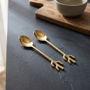 Stainless steel gold finish serving spoon <b>set</b> with decorative brass handles <b>for</b> elegant dining festive serving and stylish - Product Image 1