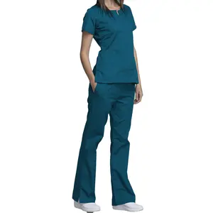 High quality Doctor Nurse Women's Round Neck Scrub Top Tunic+pants Customized Logo Medical Scrubs Suit Mujer Women Scrub Set