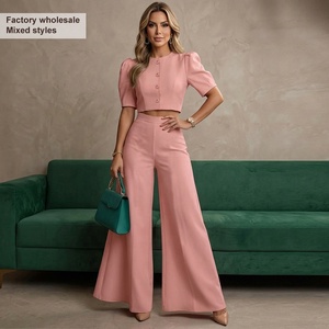 Ensemble pantalon deux pièces uni pour femme, haut court à manches bouffantes et pantalon large taille haute, vente en gros, commande mixte pour boutiques - Product Image 1