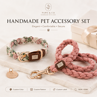 Kit d'accessoires pour animaux de compagnie haut de gamme tressé à la main pour chats, collier tissé imprimé floral, laisse en corde tressée rose assortie, étiquette en PU dorée
