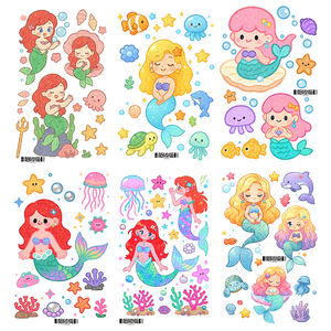 1 jeu de 6 feuilles de tatouages temporaires à paillettes colorées autocollant mignon sirène dessin animé <span class=keywords><strong>tatouage</strong></span> étanche pour visage bras jambe - Product Image 6