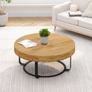 Table basse ronde moderne DB avec motif de sculpture en bois pieds en métal convertibles pour salon bureau de réception couleur noire - Product Image 3