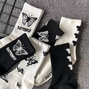 Women's Butterfly Crew Socks Black White Mid-Calf Anti-Odor Casual Socks For Autumn Winter - Product Image 1