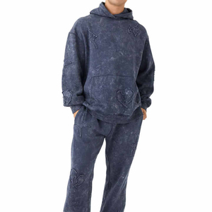 High Quality Luxury Streetwear Boxy Tracksuits Distressed French Terry Blank Vintage Acid Wash Oversize Cropped Hoodie - Product Image 2