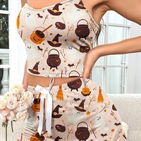 Set Pakaian Santai Wanita Model Suspender Atasan dan Celana Pendek Motif Kartun Musim Dingin, Tren Fashionable Terlaris untuk Halloween, Impor