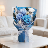 Bouquet de roses bleues préservées avec ours en peluche, fleurs séchées éternelles, vente en gros, Saint-Valentin, anniversaire, décoration de la maison, cadeau