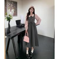 Robe midi trapèze à col à revers et manches longues bouffantes à fines rayures, effet deux pièces, pour femme, printemps-automne