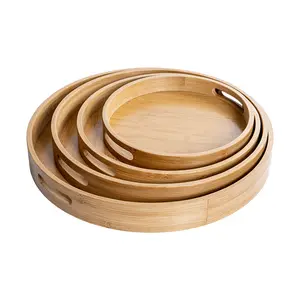 Eco-Friendly Durable Natural Round Bamboo Serving Tray With Handles Custom Wooden Breakfast Tray For Home Hotel Kitchen