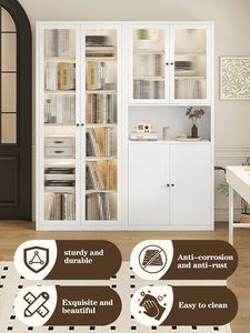 Factory Supply <strong>Cream</strong> Style Steel <strong>Bookcase</strong> For Home Metal Bookshelf Cabinet Glass Door Display Living Room Storage Cabinets - Product Image 2