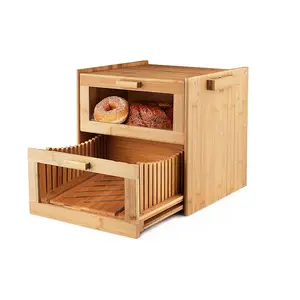 Ekmek dilimleyici kesme tahtası ile çok fonksiyonlu çift katmanlı bambu ekmek kutusu