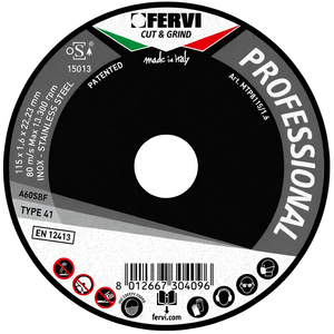 Disco de Corte Profesional Fervi 115x1.6x22.23mm Para Acero Inoxidable Tipo 41 - Product Image 1