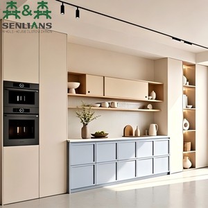 <span class=keywords><strong>Buffet</strong></span> moderne minimaliste avec crédence en mosaïque, portes coulissantes crème et étagères ouvertes - Product Image 2