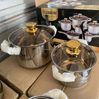 RTS Set alat masak antilengket, peralatan masak baja tahan karat tebal 12 buah panci sup telinga ganda panci susu penggorengan Set memasak emas
