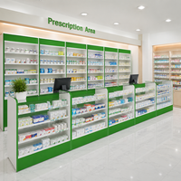 Vitrine de pharmacie avec écran LED, étagères à niveaux robustes, corps principal blanc + accents turquoise, comptoir en verre, 6 sections