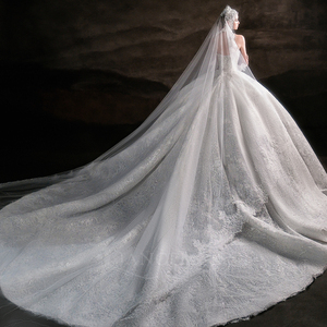 Robe de mariée LSHT117 exclusive, style Empire moderne, avec décolleté cœur, dentelle à sequins, fleurs et appliques en cristal, traîne chapelle, coupe princesse - Product Image 2