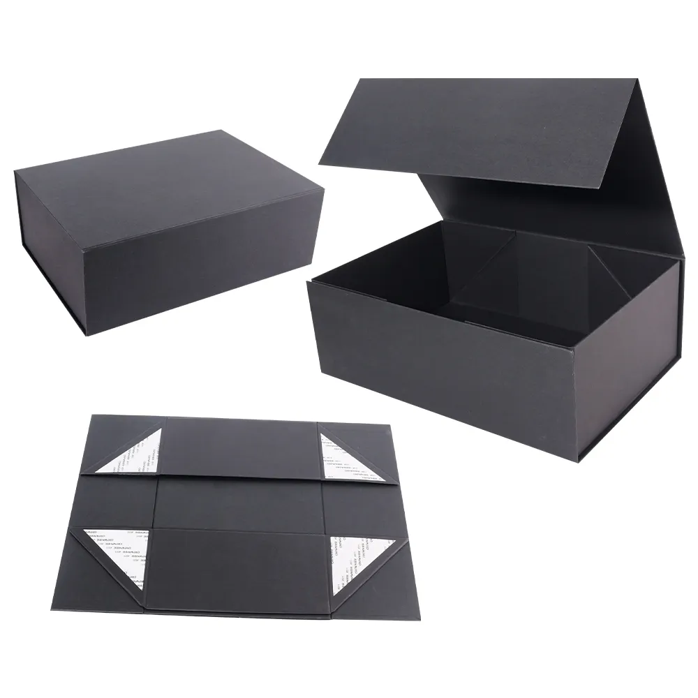 Shopping Gift Design Wholesale Logo Custom Paper Black Square Magnetic Folding Box with Adhesive
