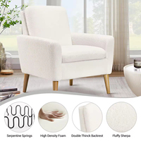 Fauteuil moderne en tissu Teddy blanc rembourré, fauteuils confortables pour la lecture, salon, chambre à coucher, hôtel, fauteuil d'appoint avec pieds en bois